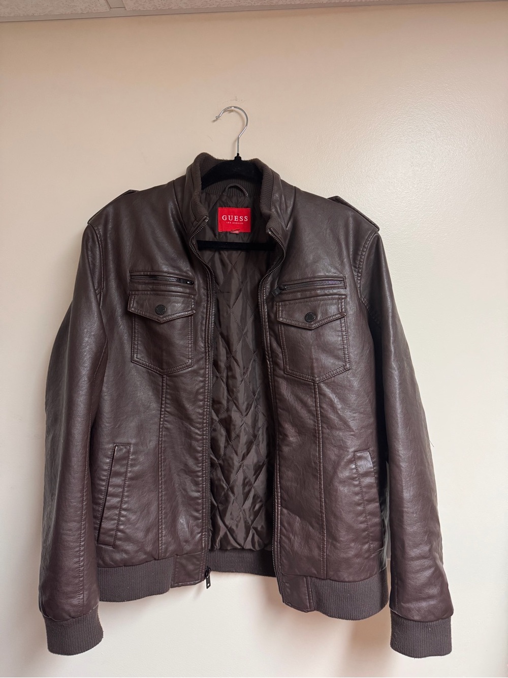 GUESS Dark Brown Leather Bomber Jacket